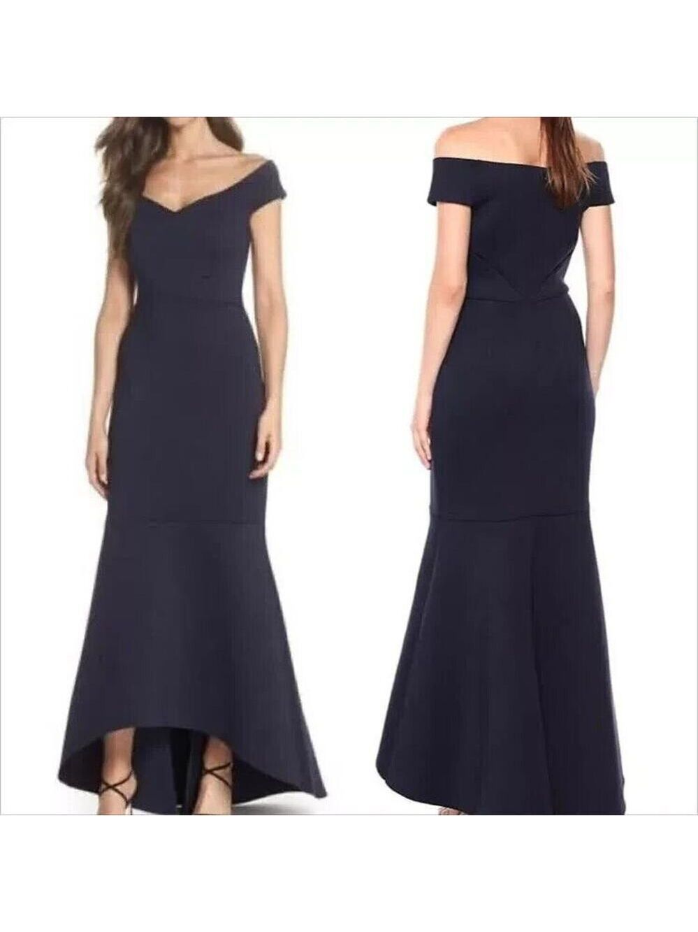 Eliza J Hi-Low Mermaid Scuba Knit Gown Dress Sz 4 Navy Blue Off the Shoulder